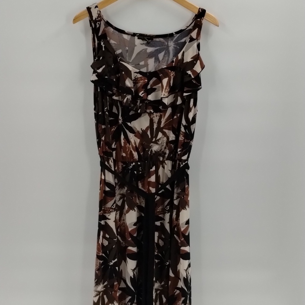 Susan Lawrence rust brown and black leaf print maxi dress size 1X sleeveless